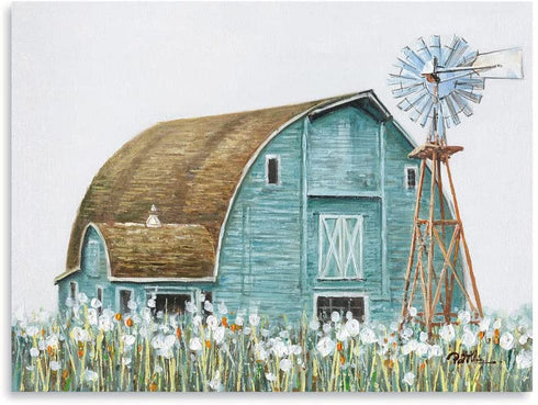 Teal Barn Canvas Wall Art: Rustic Barn Bathroom Decor Old Barn Pictures Wall Art Framed for Farmhouse Bedroom Ready to Hang (12"x16"x1 Panel)