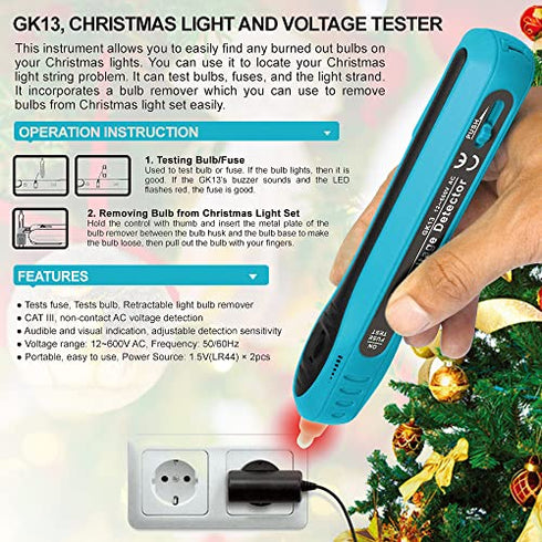 allsun Christmas Light String Tester Non Contact Voltage Finder Meter Light Bulb&Fuse Checker Gun 12-600 V AC Mini Light Repairing Tool, Blue
