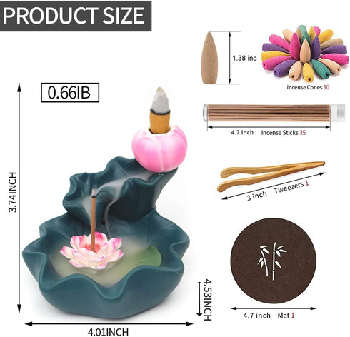 prosfalt Ceramics Waterfall Backflow Incense Holder Burner,Incense Seat with 50 Backflow Incense Cones+35 Incense Sticks Aromatherapy Home Decor Can Anxiety Relief Pressure -Blue
