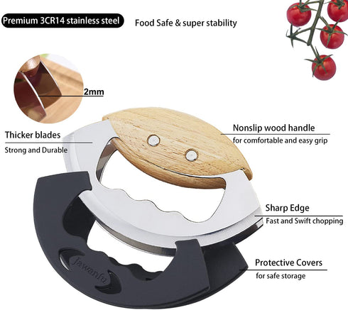 Jawanfu Hand Salad Chopper, Double Blade Sharp Mezzaluna Chopper with Protective Covers, Wooden Handle Mincer Knife, Metal Vegetable Chopper for Chopped Salad (Black)