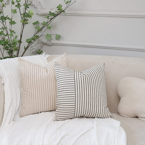 Hckot Khaki and Beige Patchwork Farmhouse Throw Pillow Covers 20 x 20 Inch, Pack of 2 Striped Linen Decorative Pillow Case for Sofa Couch Chair Bedroom Modern Decor (20" x 20", Khaki)