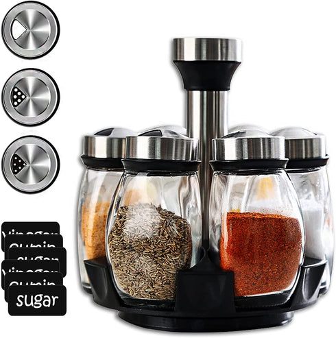 KOKM Revolving Spice Rack, 6-Jar Seasoning Organizer Holder 360° Rotation Shelf Tower Set with 6 Glass Spice Refill Containers Jars for Cabinet Countertop Kitchen Cooking (Spices Not Included)