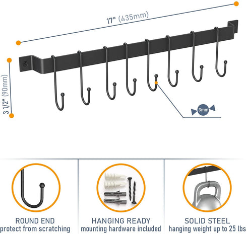 Tibres - Utensil Rack with Kitchen Hooks for Hanging Spatulas Measuring Spoons Tools - Kitchen Utensil Hanger - Wall Mounted Utensil Rack Holder with Hooks - Kitchen Rail Organizer - Black