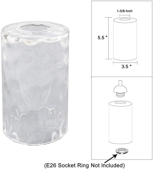 Anmire Clear Water Ripple Glass Shade, Cylinder Light Fixture Replacement Globe or Cover with 1-5/8-Inch Fitter for Chandelier Wall Sconce Pendant Light, G0001