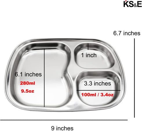Korean Stainless Steel Divided Plates by KS&E, Kids Toddlers Babies Tray, BPA Free, Diet Food Control, Camping Dishes, Compact Serving Platter, Dinner Snack, 3 Compartment Plate Silver, Set of 2