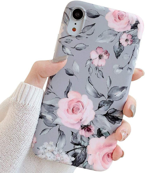 YeLoveHaw iPhone XR Case for Girls, Flexible Soft Slim Fit Full-Around Protective Cute Shell Phone Case Cover with Purple Floral and Gray Leaves Pattern for iPhone XR 6.1 Inch (Pink Flowers)