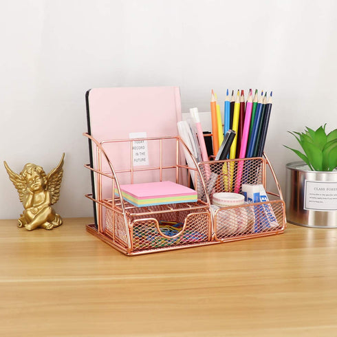 LEORISO Desk Organizer Supplies, Rose Gold Office Organizer with Mail Organizer, Pen Holder, Paper Organizer & Desk Drawer Organizer, Metal Multifunctional Desktop Organizer for Office, School & Home
