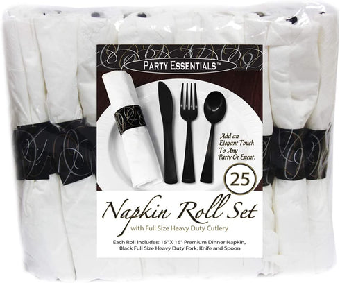 Party Essentials Party Supplies Wrapped Silverware Set Disposable, Pre Rolled Napkin and Cutlery, Spoons/Forks/Knives Black, 25 Units