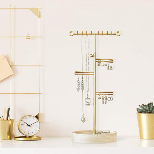 J JACKCUBE DESIGN Jewelry Tree Stand Organizer, with Adjustable Height Gold Metal Bar and Wooden Tray Storage Display Holder for Necklace, Earring, Bracelet and Ring- MK663A (Gold)