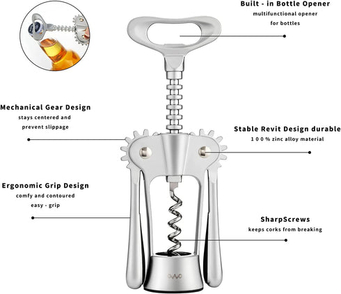 OWO Wine Opener Set Wing Corkscrew with Wine Foil Cutter and Wine Stoppers Used in Kitchen Restaurant Chateau and Bars Stainless Steel (Wine Opener Set, Silver)