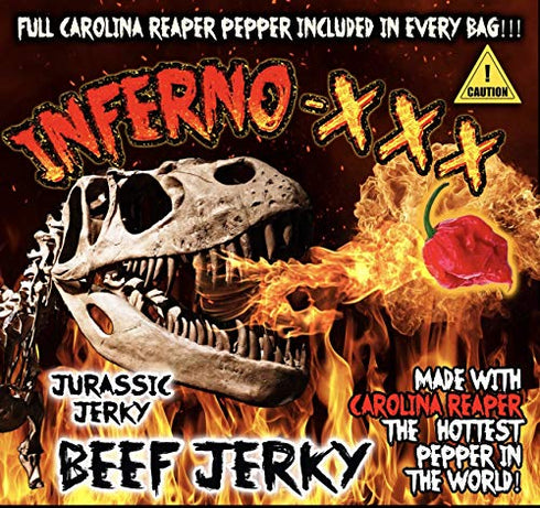 JURASSIC JERKY’S INFERNO - XXX HOT Beef Jerky * Every 1.5 oz bag includes (1) Carolina Reaper Pepper the Hottest Pepper in the World! Can you handle the Heat? Take the Challenge!
