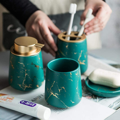 Bathroom Accessories Set ,4 Piece Toothbrush Holder Set Bath Accessories Set with Soap Dispenser, Tumbler, Soap Dish Ceramic Gift Set Luxury Bath Accessory (Dark green?four piece?)