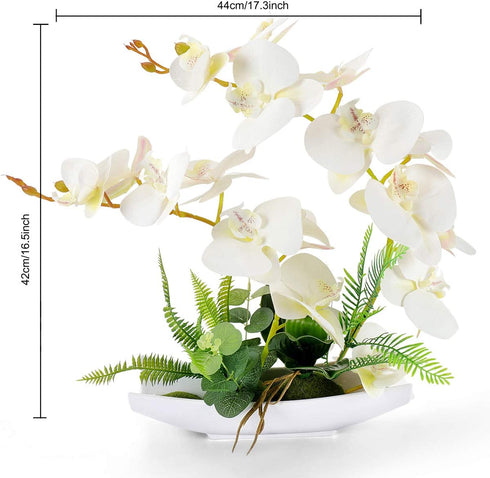 YOBANSA Orchid Bonsai Artificial Flowers with Imitation Porcelain Flower Pots Phalaenopsis Fake Flowers Arrangements for Home Decoration (White 1)