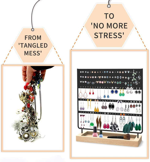 Earrings Organizer Jewelry Display Stand, 144 Holes Earring Holder Rack with Wooden Tray for Earrings Necklaces Bracelets and Rings Large Storage Earring Jewelry Display Tree as Women Girls Gift