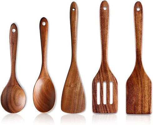 5 Pcs Luxury Wooden Kitchen Utensils Spoons Non Stick Spatula Cooking Utensils Set-Best Wood Spatula Paddle, Slotted Spatula, Angled Turner Spatula, Serving Cooking Spoon & Mixing Spoon Utensil