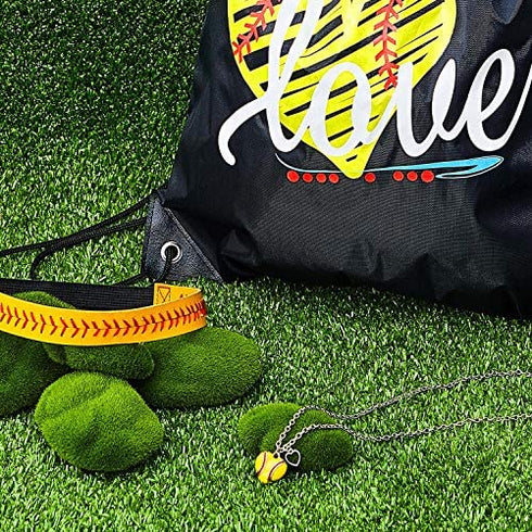 WILLBOND 4 Pieces Softball Girl Accessories Set, Softball Headband Softball Bracelet Softball Necklace Softball Drawstring Bag for Women Girls