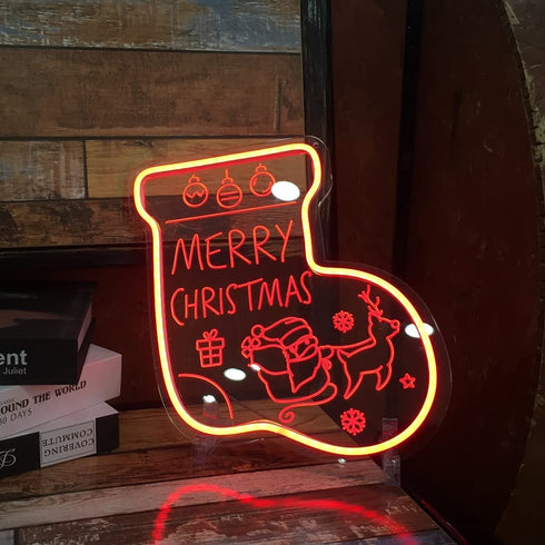 NOXTROND Merry Christmas Sock Festival Neon Light Sign, Red 3D Acrylic Light Up Words LED Lights Sign, USB Powered Dimmable Desk Lamp for Wall Indoor Christmas Party Bar Decoration