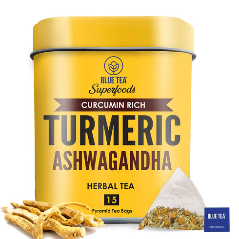 BLUE TEA - Turmeric Ashwagandha Tea Bags - 15 TB || INDIAN SUPERFOOD || Turmeric Tea - High in Curcumin - Caffeine Free Herbal Tea | Plastic-Free | Non-GMO| Premium Tin Pack |