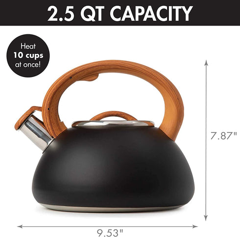 Primula Avalon Whistling Stovetop Tea Kettle Food Grade Stainless Steel Hot Water, Fast to Boil, Cool Touch Handle, 2.5 Quart, Black