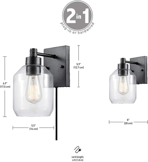 Globe Electric 51551 Middleton 1-Light Plug-in or Hardwire Wall Sconce, Dark Bronze, Clear Glass Shade, 6ft Black Fabric Covered Cord, Inline On/Off Rocker Switch