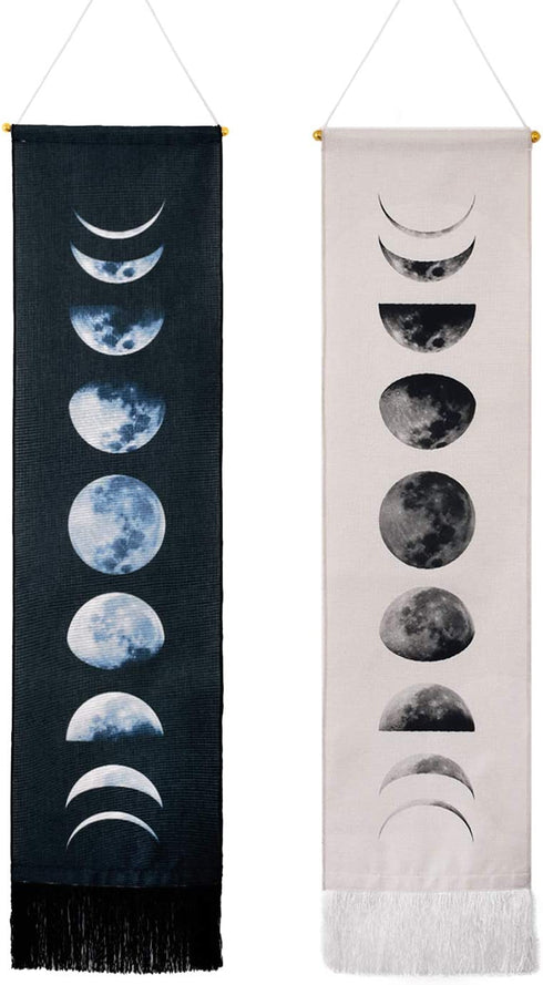 Tapestry Wall Hanging Tapestries Nine Phases of the Full Growth Cycle of the Moon Wall Tapestry Cotton Linen Wall Art, Modern Home Decor (Black + White Moon Phase Change, 12.99" x 52.75")