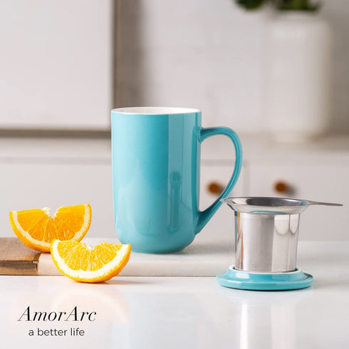 AmorArc Ceramic Tea Mug,16Oz Tea Cup with Infuser and Lid, Tea Strainer Cups with Tea Bag Holder for Loose Leaf Tea, Tea Steeping Mug for Tea/Coffee/Milk with well-wrapped Gift box -Turquoise