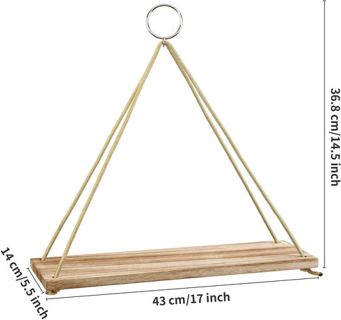 Hanging Shelves 3 Pack , POZEAN Wooden Floating Wall Shelves, Hanging Plant Shelf, Boho Wall Decor Shelves for Bedroom, Plants, Living Room, Office (Included 6 Ropes 3 Rings 3 Hooks and Anchors)