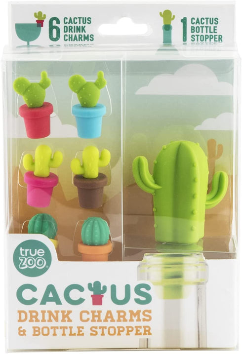 TrueZoo Cactus Wine Glass Charms and Drink Markers with Bottle Stopper Set, Silicone, Multicolor, Set of 7