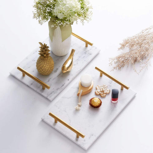StonePlus Natural Real Marble Tray, Catchall Key Perfume Tray, Serving Tray with Handles for Living Dining Room (Venato Carrara, 11.8Lx7.87W)