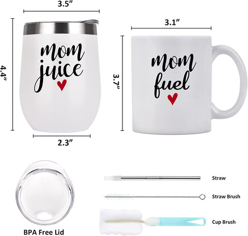 Qtencas Mom Gifts, Mom Juice Wine Tumble and Mom Fuel Coffee Mug Set, Mother's Day Birthday Christmas Gift for Mom New Mom Mother to be Wife Women, White Insulated Stainless Steel Wine Tumbler and Mug