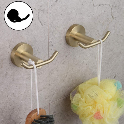 GERZ SUS 304 Stainless Steel Bath Double Coat Hook Towel/Robe Clothes Hook for Bathroom Kitchen Modern Hotel Style Wall Mounted Brushed PVD Zirconium Gold 2 Pack