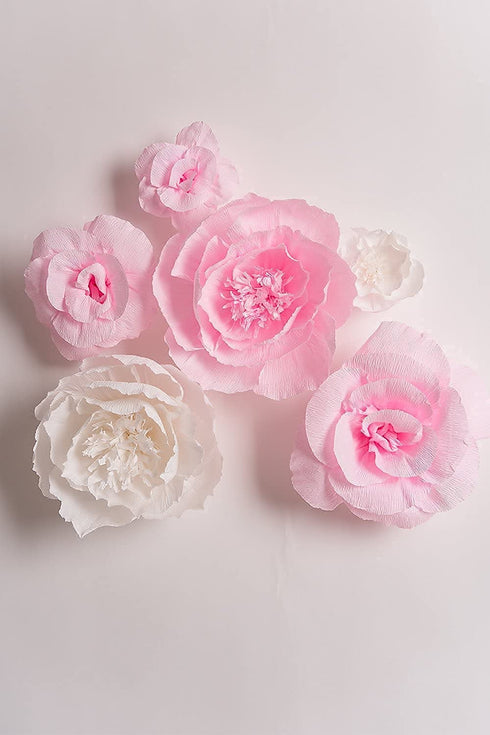 Large Paper Flower Decorations for Wall - White Pink Paper Flowers Wall Decor - Crepe Paper Flowers for Wedding Backdrop,Nursery Wall Decor, Birthday Party Backdrop Decor,Pink White Flowers Set/6
