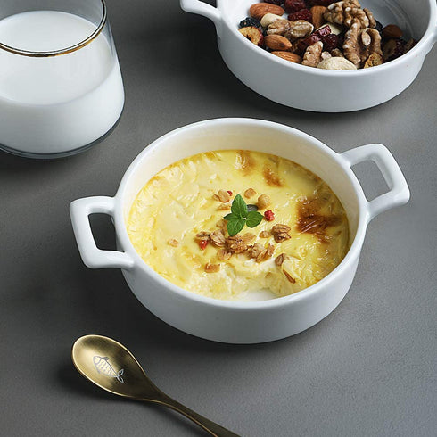 SWEEJAR Porcelain 10 Ounce Ramekins, Round Double Handle Souffle Dishes for Baking, Creme Brulee, Ice Cream, Pudding - Set of 6(White)