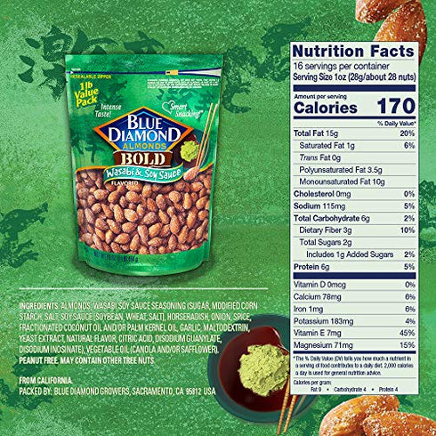 Blue Diamond Almonds Wasabi & Soy Sauce Flavored Snack Nuts, 16 Oz Resealable Bag (Pack of 1)