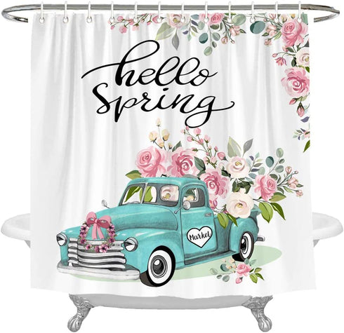 Wencal Hello Spring Truck Floral Shower Curtain Load of Flowers Bathroom Decor with Hooks 72 x 72 Inches