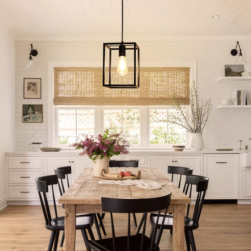1 Light Black Lantern Pendant Light Fixture, Depuley Rustic Hallway Chandelier Lighting with Adjustable Cord, Rectangle Metal Cage Hanging Lights for Foyer /Kitchen Island/Bar/Entryway, 1XE26 Base