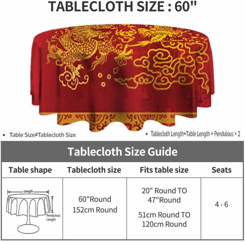 IBILIU Beautiful Dragon and Phoenix Round Tablecloth 60 Inch,Waterproof Washable Wrinkle Resistant Table Cover Harmony Marriage Golden Red Table Clothes for Dining Table Christmas Halloween Holiday