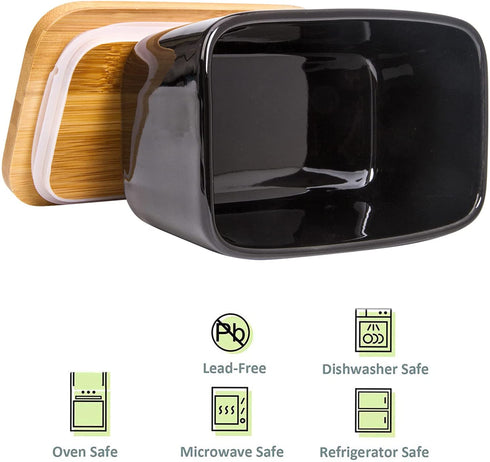 Arswin Butter Dish with Lid,Extra Large 650ml,Porcelain Keeper with Bamboo Lid Cover for 2 Sticks of Butter,Microwave Safe Easy Clean Butter Storage Container for Countertop Refrigerator (Black)