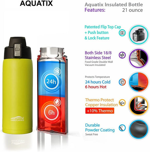 Aquatix (Vapor Lime, 21 Ounce) Yellow Light Green Pure Stainless Steel Double Wall Vacuum Insulated Sports Water Bottle with Convenient Flip Top - Keeps Drinks Cold for 24 Hours, Hot for 6 Hours