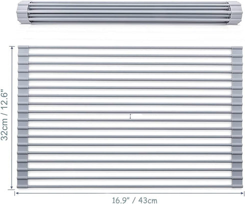 iPEGTOP Roll Up Dish Drying Rack with 304 Stainless Steel Plates Holder Pot Lid Organizer, Over the Sink Kitchen Foldable Multipurpose Dish Drainer Rack for Fruits Vegetable,16.9" x 12.6"