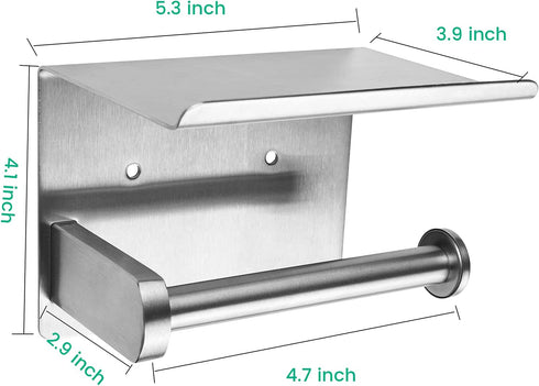 Brushed Nickel Toilet Paper Holder with Shelf for Phone Wipes Storage - Wall Mount/Adhesive, Stainless Steel TP Towel Hanger for Bathroom RV