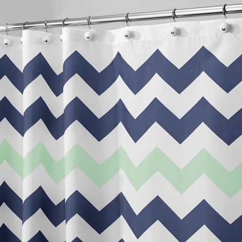 iDesign Fabric Chevron Shower Curtain for Master, Guest, Kids', College Dorm Bathroom, 72" x 72", Navy Blue and Mint Green