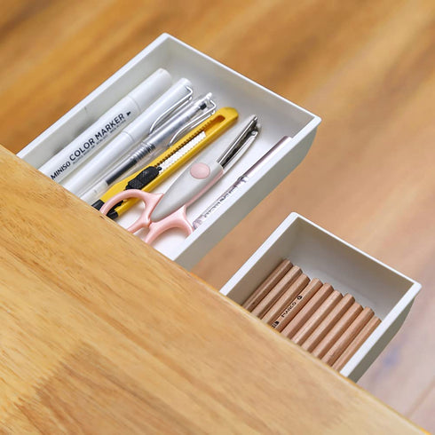 2 Pack Under Desk Drawer, Desk Accessories & Workspace Organizer, Pencil Holders, Hidden storage box, Self-Adhesive Drawer for desk/closet/bookcase/kitchen cabinet etc. (L+M)