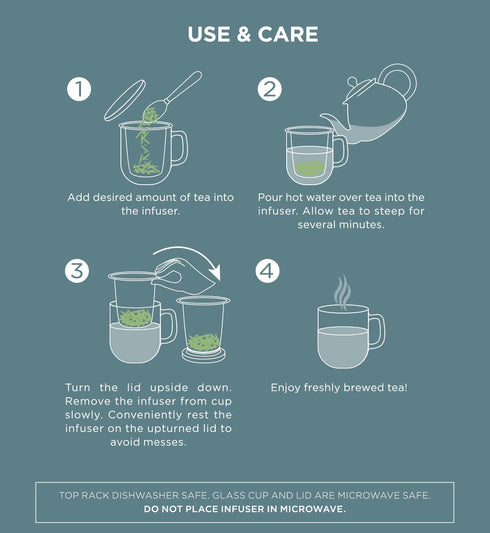 Teabloom Tea-For-One Steeping Mug Insulated Double Wall Glass Mug (12 oz), Stainless Steel Infuser, Porcelain Lid/Coaster Great For Brewing Loose Leaf Tea