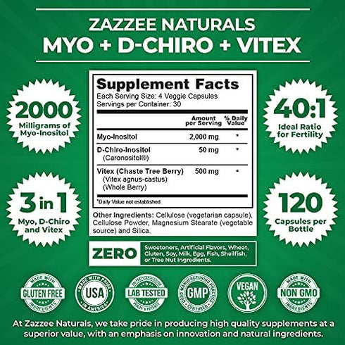 Zazzee Myo-Inositol + D-Chiro + Vitex, 120 Vegan Capsules, Optimal 40:1 Inositol Ratio, with 500 mg Vitex, Vegan, Non-GMO and All-Natural, Supports Healthy Ovulation and a Regular Cycle