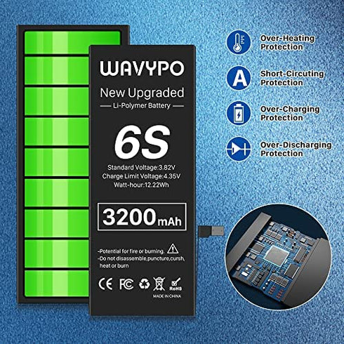 Battery for iPhone 6S, Upgraded 3200mAh Wavypo 2022 High Capacity New 0 Cycle Battery Replacement for iPhone 6S Battery A1633 A1688 A1700 with Full Replacement Tool Kit