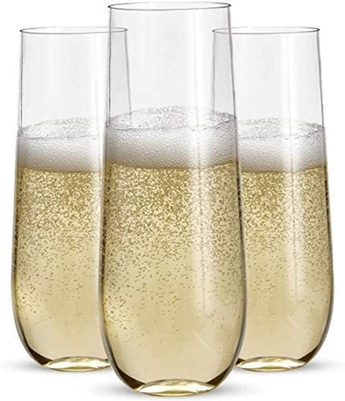 24 Stemless Plastic Champagne Flutes - 9 Oz Plastic Champagne Glasses | Clear Plastic Unbreakable Toasting Glasses |Shatterproof | Disposable | Reusable Perfect For Wedding Or Party