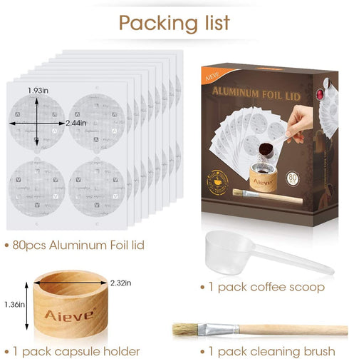 AIEVE Aluminum Foil Seals Kit for Nespresso Capsules VertuoLine with 80Pcs Aluminum Foil Seal Lid, Holder, Scoop, Brush, for Refilling Nespresso Vertuo Pods Reusable Vertuoline Pods (Pods Not Included