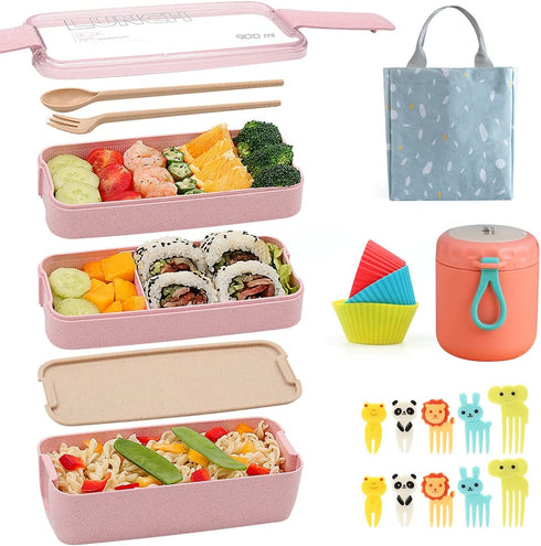 Ozazuco Bento Box Japanese Lunch Box,3-In-1 Compartment - Wheat Straw, Leakproof Eco-Friendly Bento Lunch Box Meal Prep Containers for Kids & Adults?14pcs?pink?