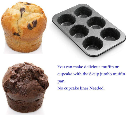 MONFISH Muffin Pan 6 Jumbo Cup Carbon Steel Black Stone non Stick Coating Muffin cupcake Tin 3.5inch cup 13.385x8.66x1.77 inch